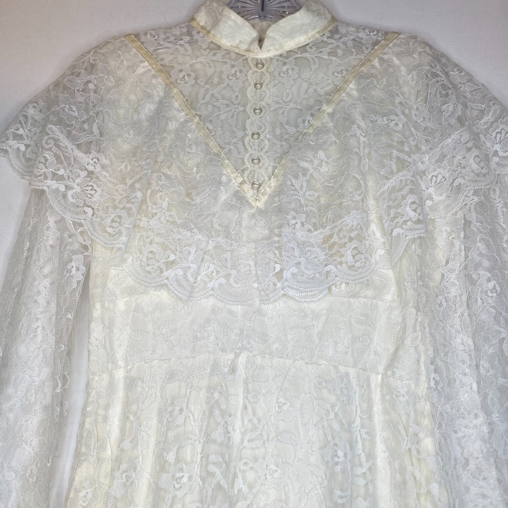 Vintage 80s Union Made Wedding Dress S Cream Lacey Long Sleeve Modest Victorian - Picture 5 of 14